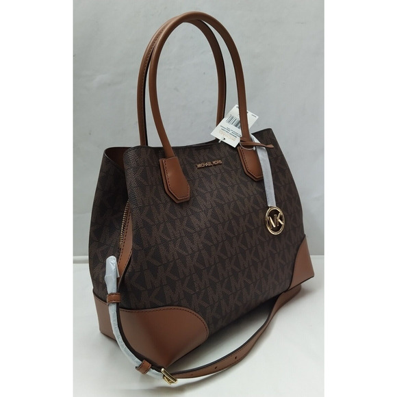 Michael Kors Mercer Gallery Brown Leather MK Printed Satchel Tote Bag - NWT $358 - Picture 3 of 16